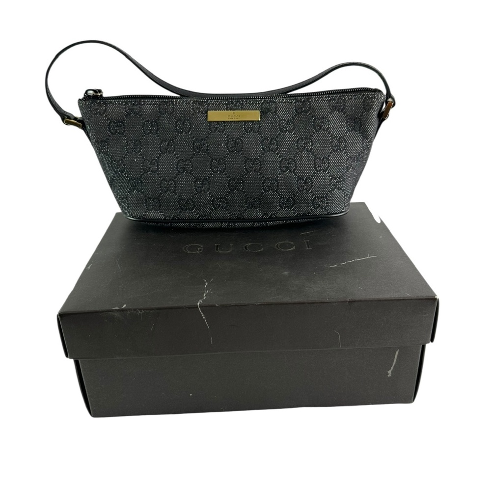 GUCCI Grey Denim Canvas Leather Accessory Pouch Logo Shoulder Bag Purse